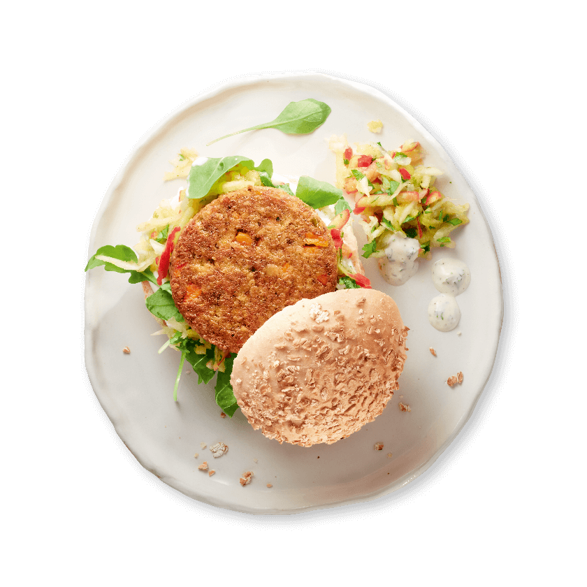 Frisse zeewierburger met venkel-appel-kerriesalade en knoflooksaus