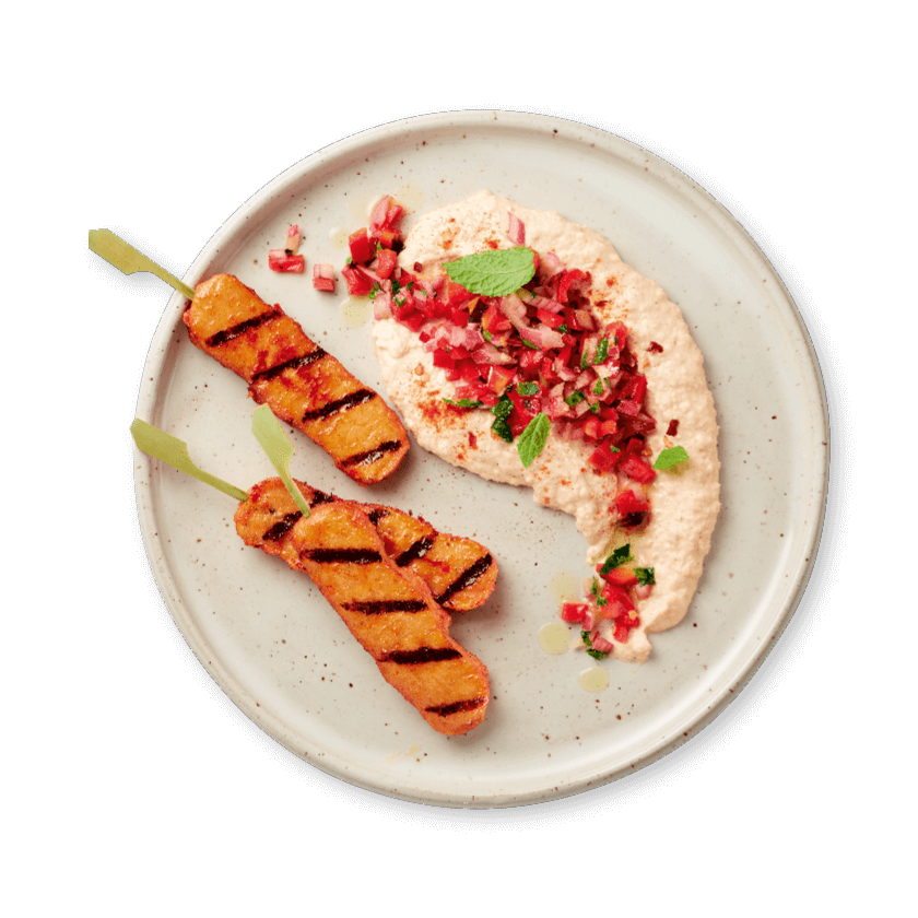Hummus met veggie spiesjes en rode ui-paprikasalsa