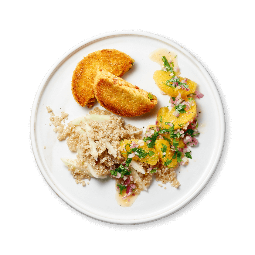 Kaas-groenteburger, quinoa met koolrabi en kruidige sinaasappelsalsa