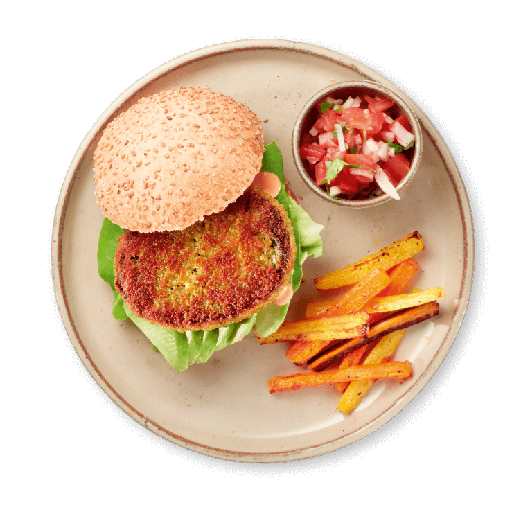 Mexicaanse veggie cheeseburger met zoeteaardappelfrietjes